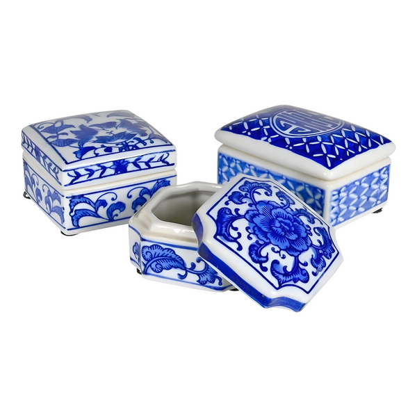 Set 3 blue and white decorative Tabletop Porcelain Trinket Boxes home decor display gift