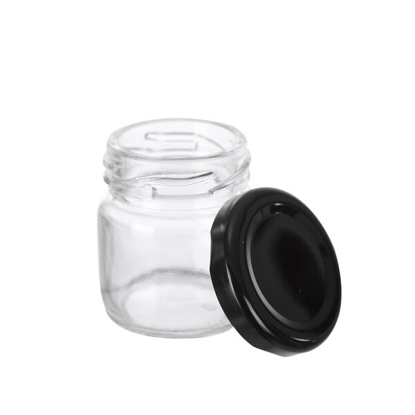 Set 10 Mini Round 50ml Glass Favour Jars with Black Lids