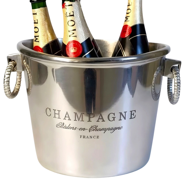 Shiny Silver Oval Champagne France Ice Cooler Bucket with Ring Handles