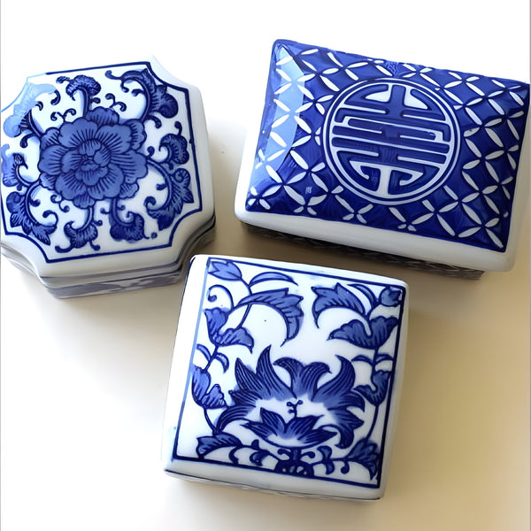 Set 3 blue and white decorative Tabletop Porcelain Trinket Boxes home decor display gift