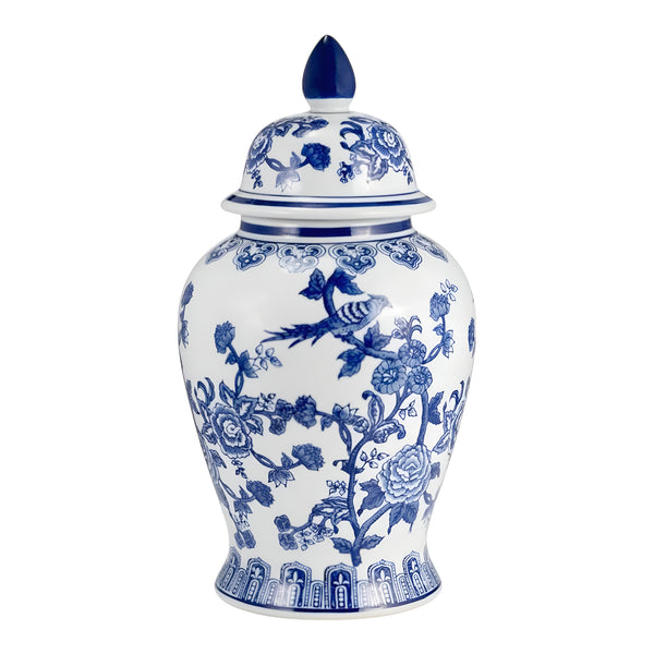 Hamptons Large Blue & White Floral & Birds Ceramic Decorative Ginger Temple Jar