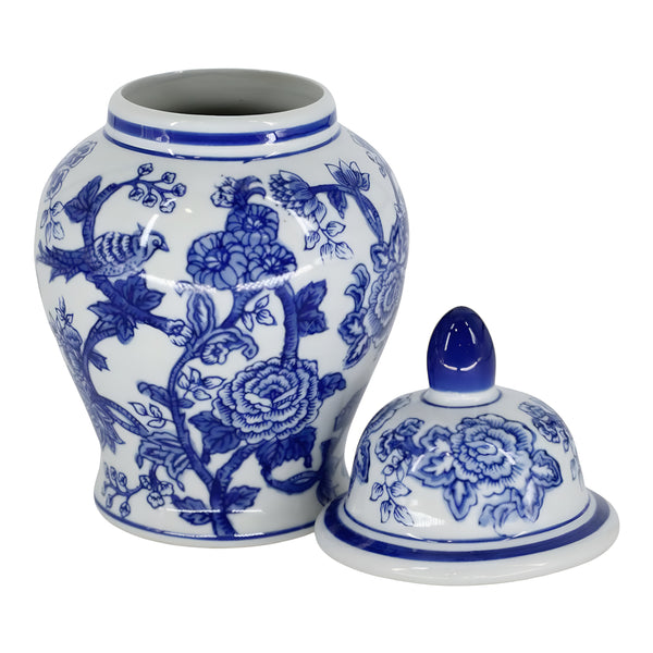Hamptons Blue & White Floral & Birds Ceramic Decorative Ginger Temple Jar