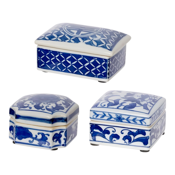 Set 3 blue and white decorative Tabletop Porcelain Trinket Boxes home decor display gift