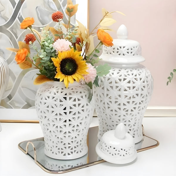 White Pierced Decorative Tabletop Temple Jar