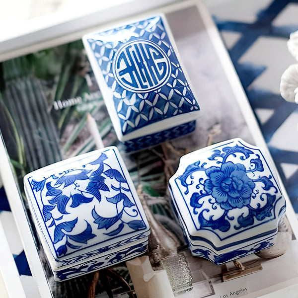 Set 3 blue and white decorative Tabletop Porcelain Trinket Boxes home decor display gift