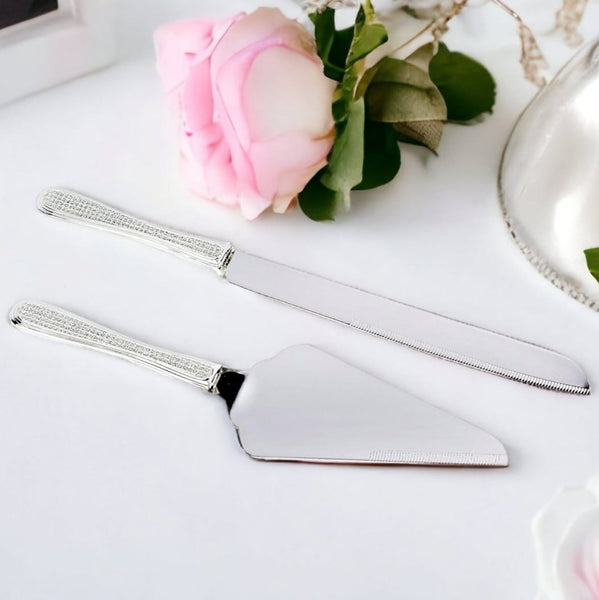 Set 2 Silver Cake Server & Knife with Sparkling Crystal Diamantes Handles