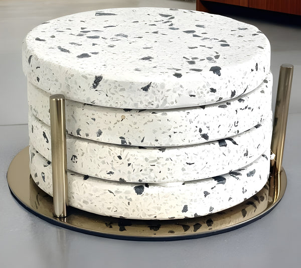 Set 4 Round White & Black Marble Terrazo Coasters In Gold Stand