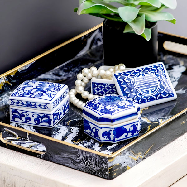 Set 3 blue and white decorative Tabletop Porcelain Trinket Boxes home decor display gift