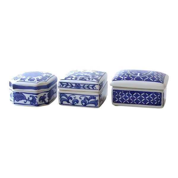 Set 3 blue and white decorative Tabletop Porcelain Trinket Boxes home decor display gift