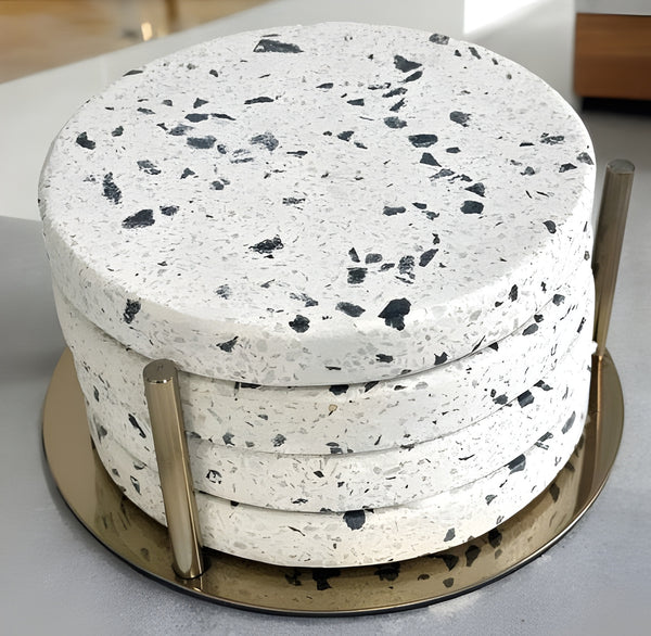 Set 4 Round White & Black Marble Terrazo Coasters In Gold Stand