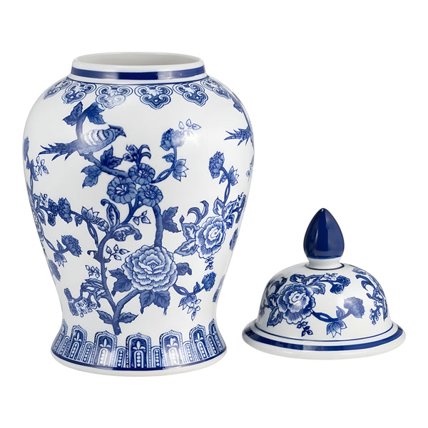 Hamptons Large Blue & White Floral & Birds Ceramic Decorative Ginger Temple Jar