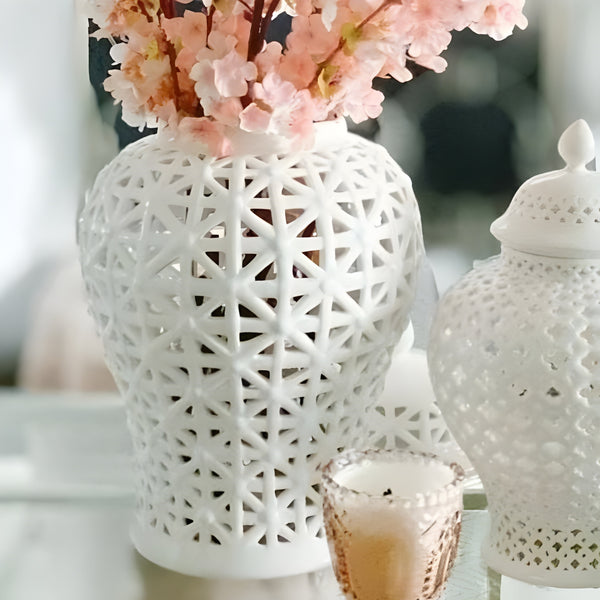 White Pierced Decorative Tabletop Temple Jar