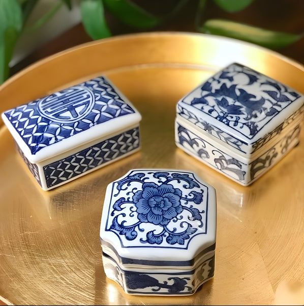 Set 3 blue and white decorative Tabletop Porcelain Trinket Boxes home decor display gift