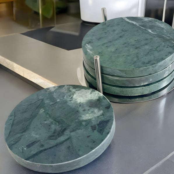 Set 4 Round Green Marble Terrazo Coasters In Silver Stand