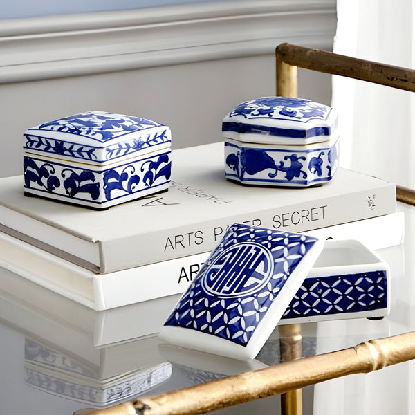 Set 3 Blue & White Porcelain Decorative Tabletop Trinket Boxes