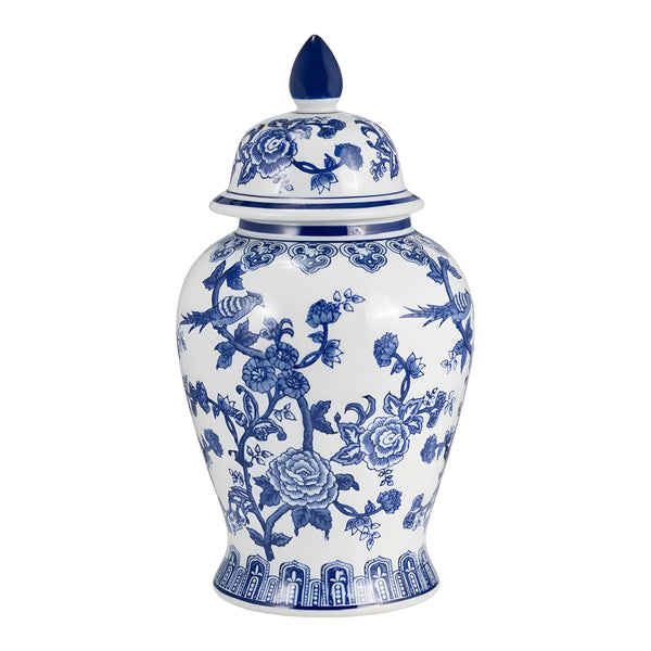 Hamptons Large Blue & White Floral & Birds Ceramic Decorative Ginger Temple Jar