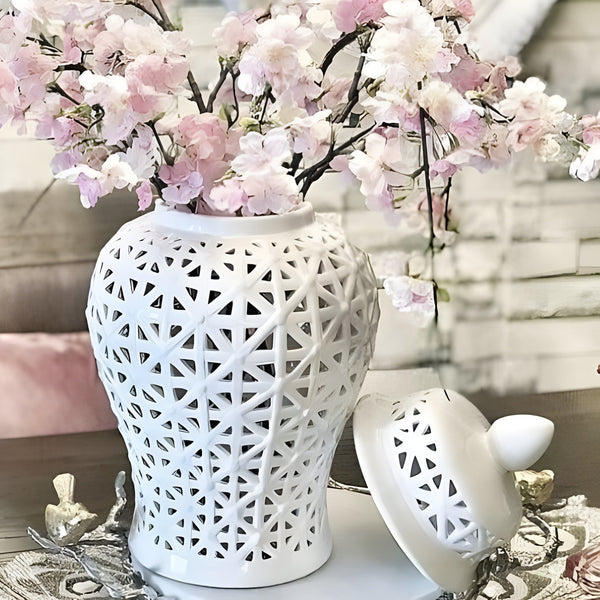 White Pierced Decorative Tabletop Temple Jar