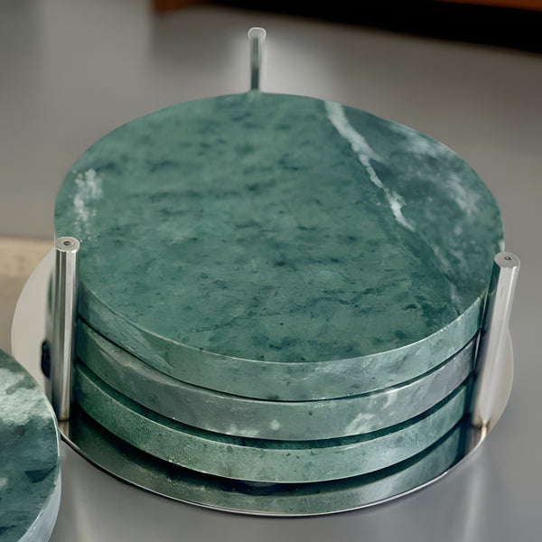 Set 4 Round Green Marble Terrazo Coasters In Silver Stand