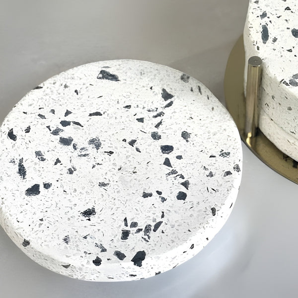 Set 4 Round White & Black Marble Terrazo Coasters In Gold Stand
