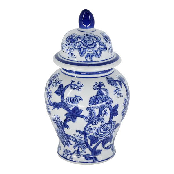 Hamptons Blue & White Floral & Birds Ceramic Decorative Ginger Temple Jar