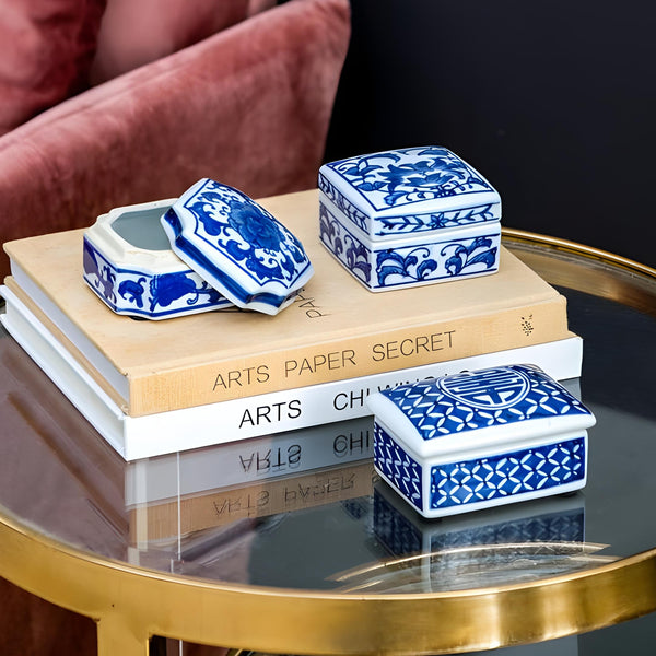 Set 3 blue and white decorative Tabletop Porcelain Trinket Boxes home decor display gift