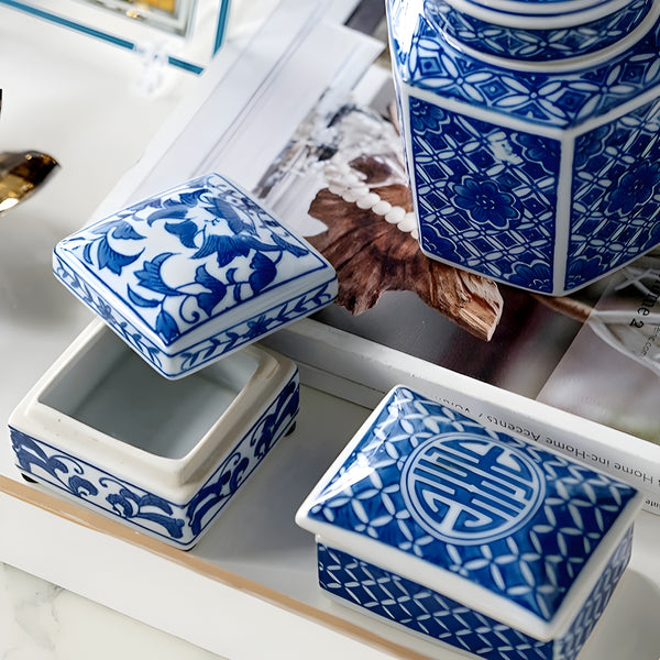 Set 3 Blue & White Porcelain Decorative Tabletop Trinket Boxes