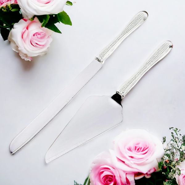 Set 2 Silver Cake Server & Knife with Sparkling Crystal Diamantes Handles