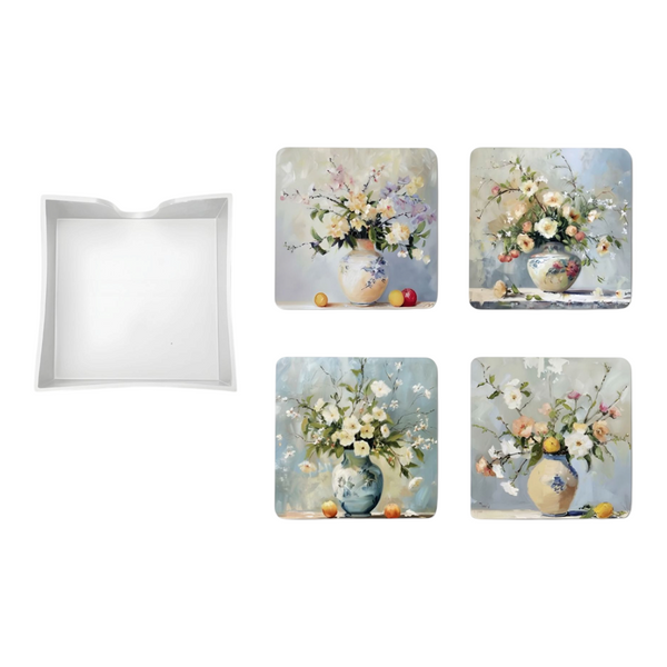 Set 4 Square Ceramic Coasters In Box- Flowers In Vase