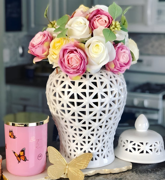 Large White Pierced Decorative Tabletop Temple Jar