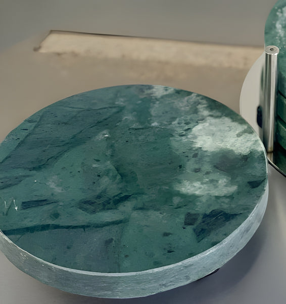 Set 4 Round Green Marble Terrazo Coasters In Silver Stand