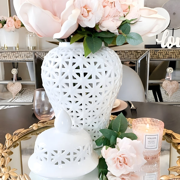 White Pierced Decorative Tabletop Temple Jar