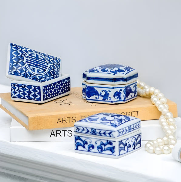 Set 3 blue and white decorative Tabletop Porcelain Trinket Boxes home decor display gift