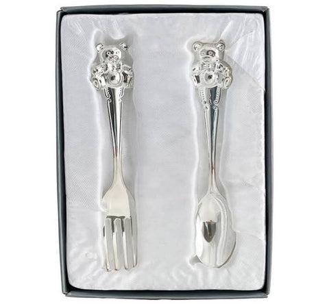 2 Piece Silver Plated Teddy Bear Design Baby Cutlery Fork & Spoon Set Gift