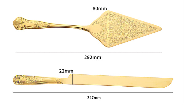 gold Wedding Bridal engagement Cake Server Knife Set stainless Steel blades with diamond engraved ornate handles Handle Gift Box