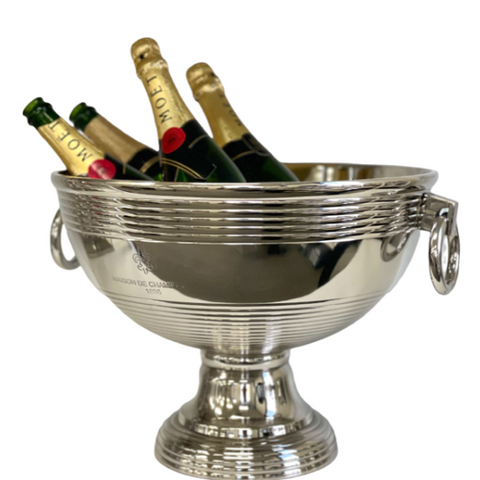Elegant Silver Round Ribbed Maison De Champagne Ice Bucket with Ring Handles