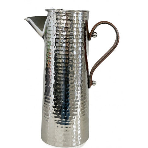 Silver Hammered Stainless Steel Water Jug Pitcher with Leather Handle- Large Size 2.5lt