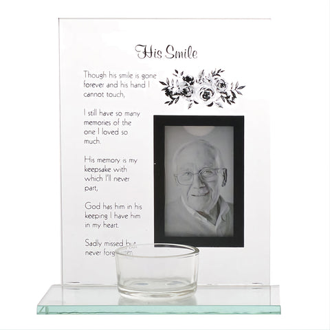 His Smile Glass Photo Frame & Tealight Candle Holder Memorial Plaque Glass Photo Frame with Tea Light Holder - His Smile Remembrance Keepsake tribute