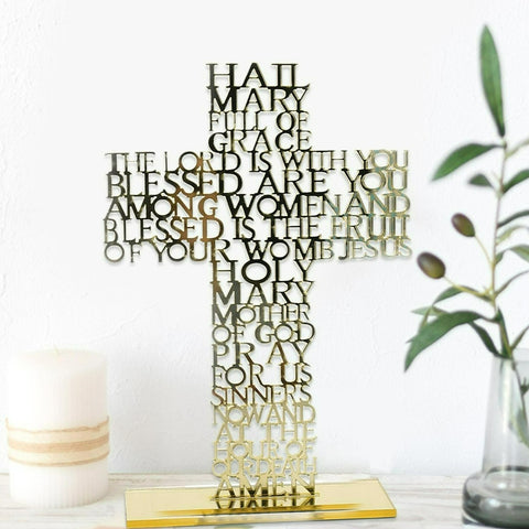Gold Hail Mary Laser Cut Mirror Finish Acrylic Cross on Rectangle Base Stand religious laser cut writing prayer ornament plaque standing cross