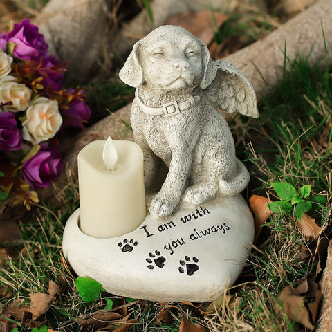 Dog Angel Memorial Stone heart shape statue plaque with LED light dog Grave Figurine Outdoor dog Angel Memorial Polyresin Indoor Outdoor Garden Yard plaque dog Memorial Stone Statue, dog Angel Pet Memorial Grave Marker Tribute Statue in memory