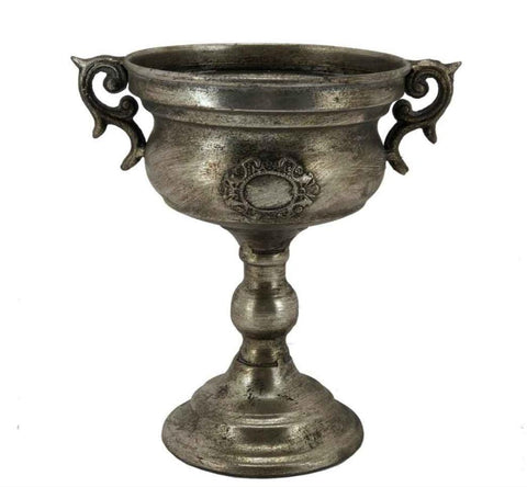 Brushed Antique Silver Metal Urn Vase with Fleur Emblem & Ornate Handles Flowers Vase Champagne Bucket