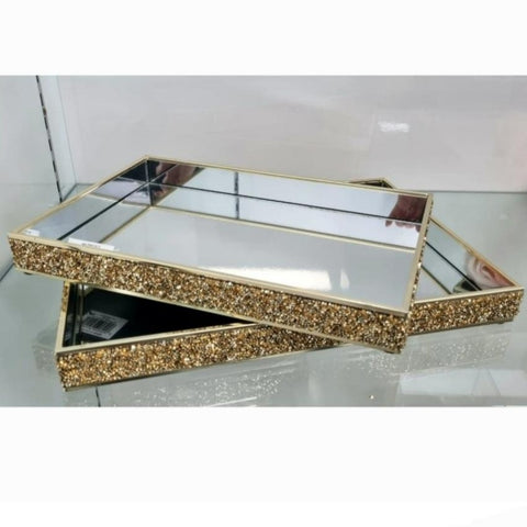 Elegant Gold Mirrored Tray Perfume Tray Rectangle Rectangular Metal Tray Gold frame framed edge Sparkle Sparkly Diamante Diamantes Vanity Jewellery Tray Serving Tray Decorative Tray Home Decor Set of 2