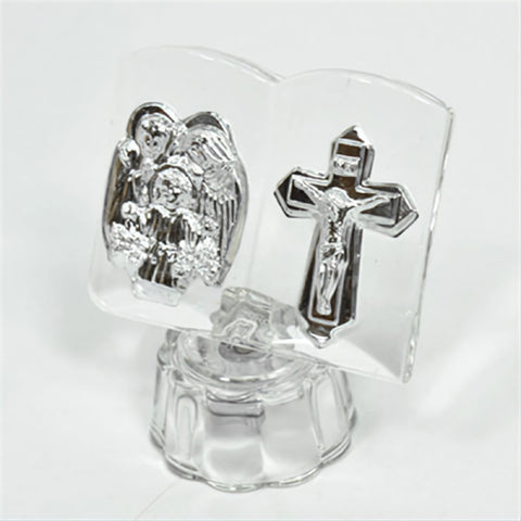 Silver Plated Holy Family & Cross on Glass Bible Stand home ornament bomboniere favours gifts