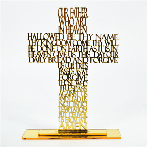 Gold Our Father The Lords Prayer Laser Cut Mirror Finish Acrylic Cross on Rectangle Base Stand religious laser cut writing prayer ornament plaque standing cross