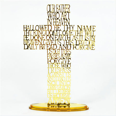 Gold Religious Laser Cut The Lords Prayer Standing Cross with Mirror Acrylic Base Stand Gold Laser Cut Mirror Finish Acrylic Cross Base Stand religious laser cut writing prayer ornament plaque standing cross