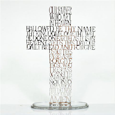 Silver Religious Laser Cut The Lords Prayer Standing Cross with Mirror Acrylic Base Stand Silver Laser Cut Mirror Finish Acrylic Cross Base Stand religious laser cut writing prayer ornament plaque standing cross