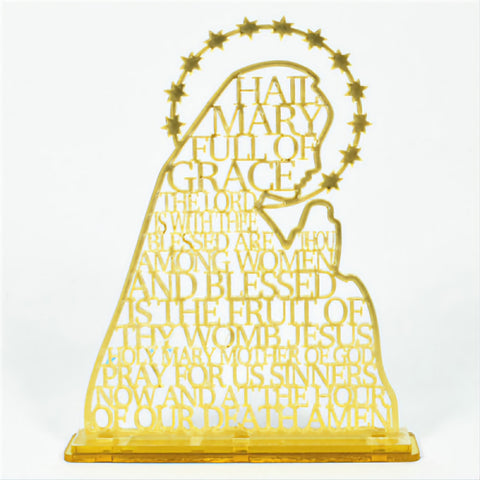 Gold Religious Laser Cut Hail Mary Prayer with Acrylic Mirror Base Stand Gold Mirror Acrylic Stand Holder With Laser Cut Through Hail Mary Prayer Writing