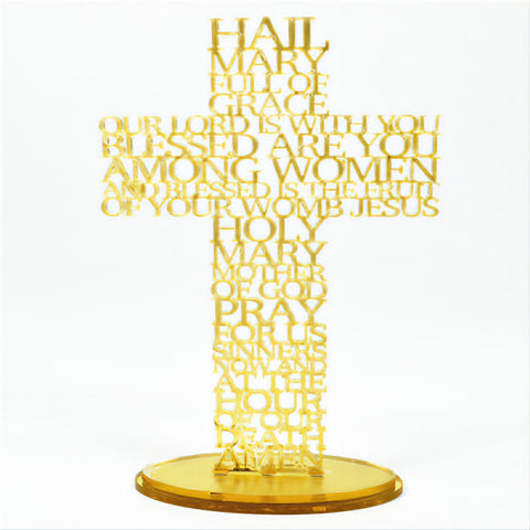 Gold Hail Mary Laser Cut Mirror Finish Acrylic Cross on Oval Base Stand religious laser cut writing