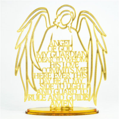 Gold Religious Laser Cut Guardian Angel Prayer with Acrylic Mirror Base Stand Gold Acrylic Mirror Finish Guardian Angel Stand With Gold Writing Cut Through.