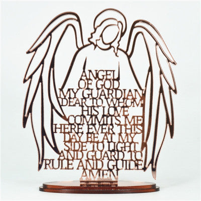 Rose Gold Religious Laser Cut Guardian Angel Prayer with Acrylic Mirror Base Stand Rose Gold Acrylic Mirror Finish Guardian Angel Stand With Gold Writing Cut Through