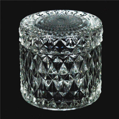 Clear Round Diamond Crystal Cut Glass Trinket Jar with Flat Lid